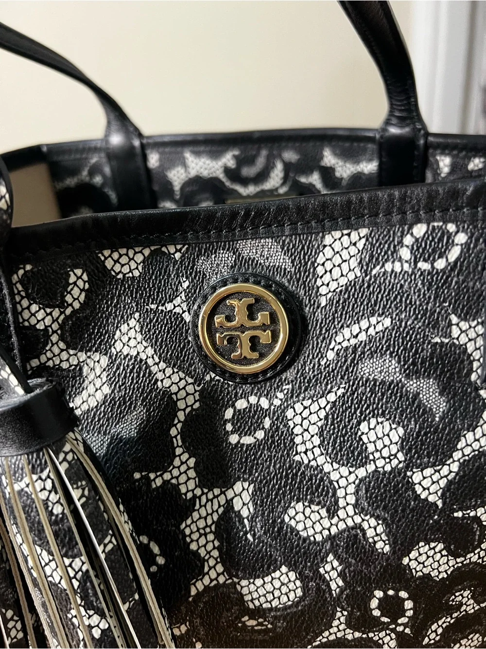 Tory Burch Black and White Lace-Print Tote with Wristlet